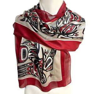 Bill Helin Indigenous Art Silk Scarf – Red & Black – 19” x 56”